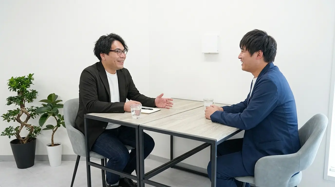 テーブルを囲んで話す社員