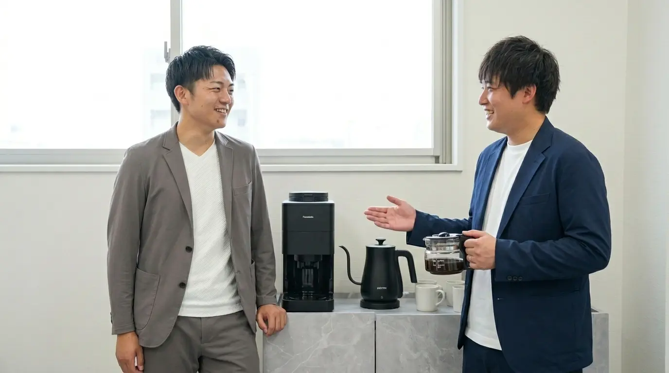 休憩スペースで会話する社員
